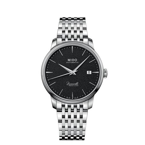 rbs55673f.jpg 55673 7612330141204 M027.407.11.051.00 bu mido bracciale acciaio baroncelli heritage automatico fondo nero 39 mm